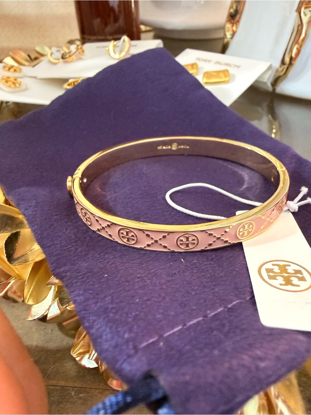 Tory Burch Pink Enamel and Gold Logo Bangle